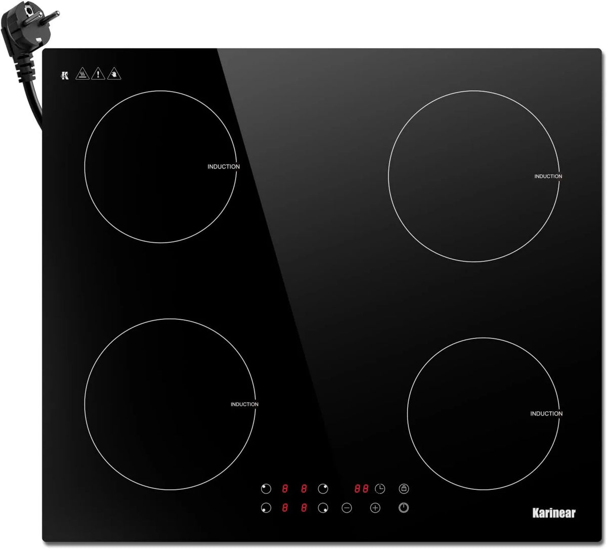 Placa de inducción, 220 V, 240 V, 3500 W, 60 cm, 4 Quemadores, 9 Niveles, control programable, Controles Táctiles, Bloqueo de Seguridad para Niños