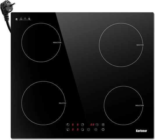 Placa de inducción, 220 V, 240 V, 3500 W, 60 cm, 4 Quemadores, 9 Niveles, control programable, Controles Táctiles, Bloqueo de Seguridad para Niños