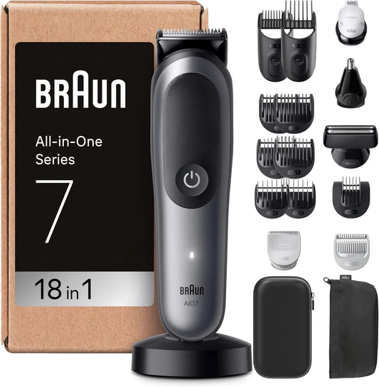 Braun AIO7585, 120 Minutos, Series 7 Recortadora Todo en Uno, Kit de Estilismo 18en1 para Barba, Nariz y Cuerpo, Autonomía