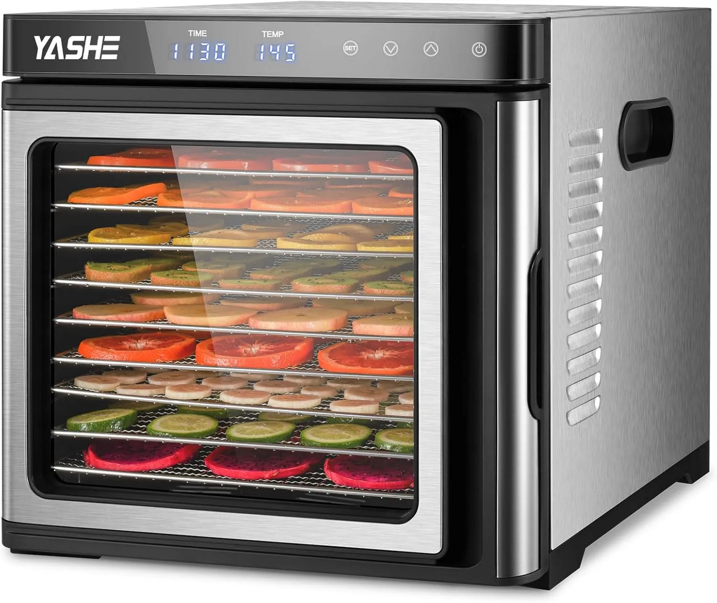 Deshidratador de alimentos, control programable, acero inoxidable, 1000W, 9 Bandejas, 1 Bandeja, 35-75°C, Control de Temperatura, 2 Tamices de Malla