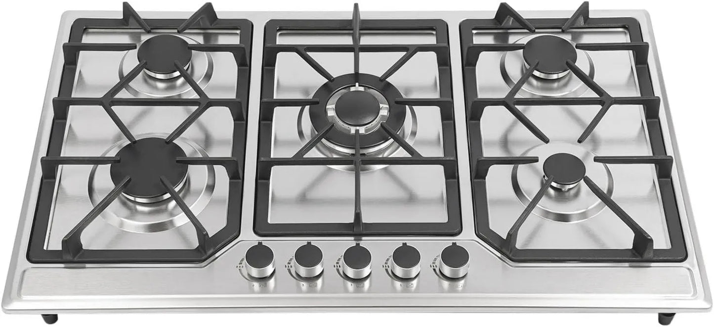 Placa de gas, 86 x 51 cm, 5 Quemadores, Acero Inoxidable, Encendido Electrónico, Cocina Empotrada para Hogar