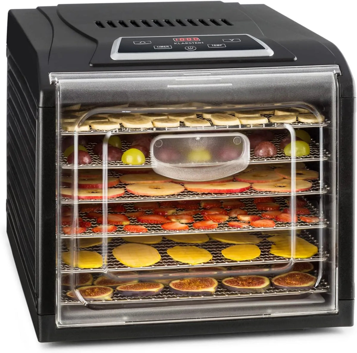 Klarstein deshidratador de alimentos, control programable, revestimiento antiadherente, 500W, 35-70°C, Fruit Jerky Plus, Bandejas Extraíbles