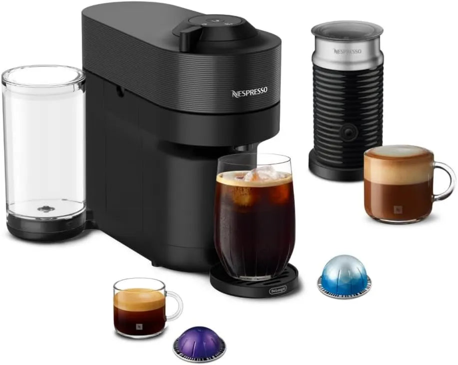 De'Longhi cafetera, Nespresso Vertuo Pop, Máquina de café y espresso con espumador de leche Aeroccino, color negro regaliz