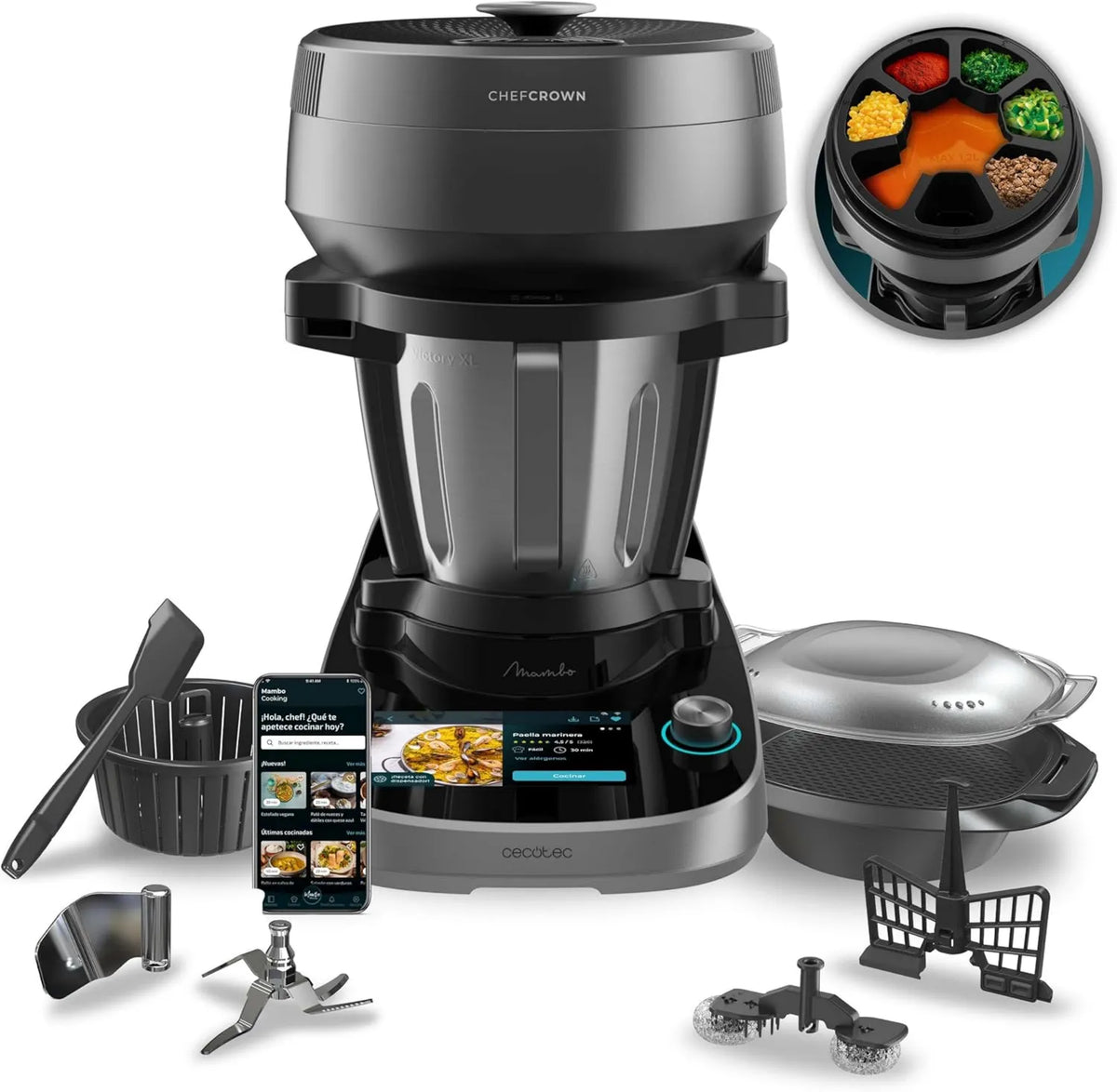 Cecotec procesador de alimentos, 1700W, 4,5L, función de vapor, Miles de Recetas Guiadas, Jarra Victory, Accesorios: Vaporera o Cesto para Hervir
