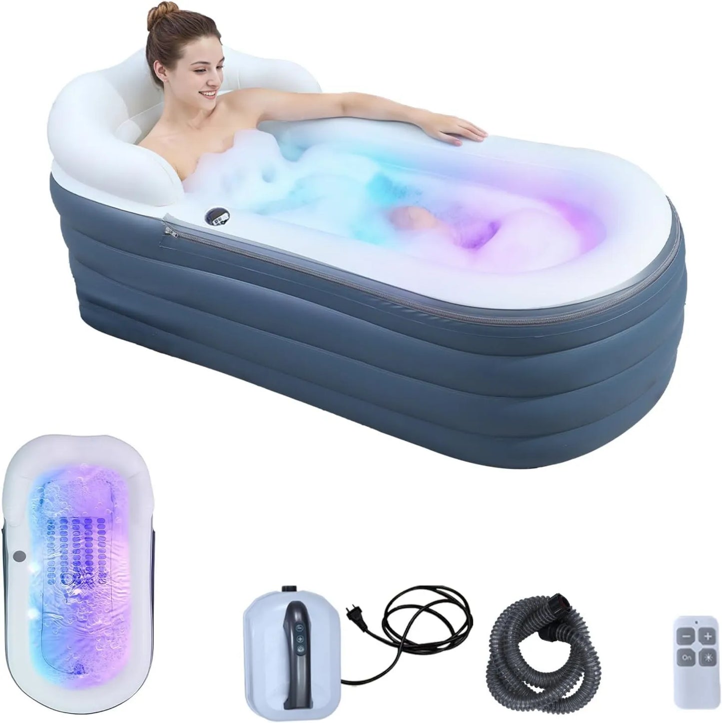 Colchón, 167 cm, hinchable para adultos con de burbujas de aire, hidromasaje portátil con luces LED románticas, respaldo y reposabrazos