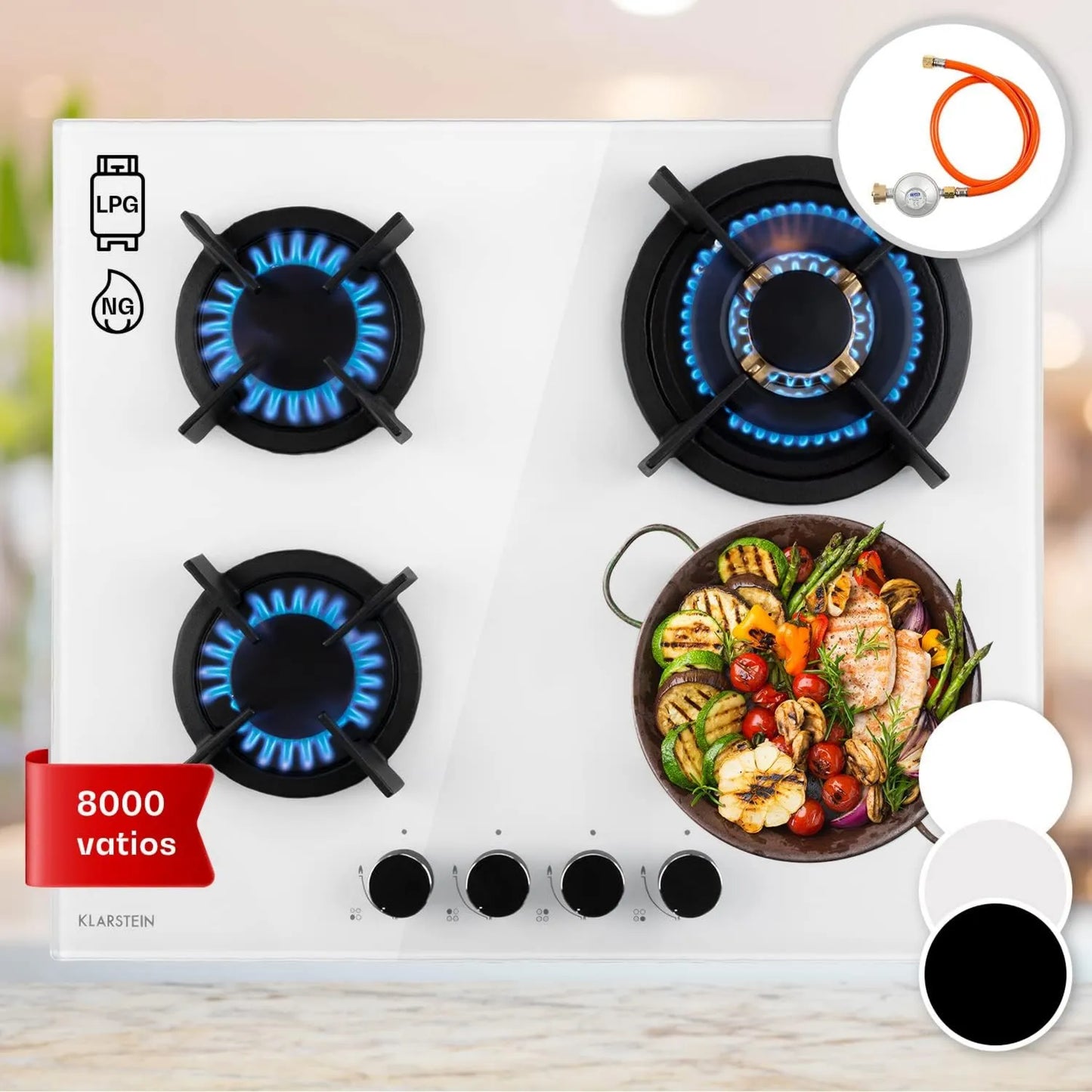 Klarstein placa de gas, 8000W, 4 Quemadores, Cocina de Gas Butano, Encimera de Gas, Placa de Cerámica Integrada para Cocina, acero inoxidable