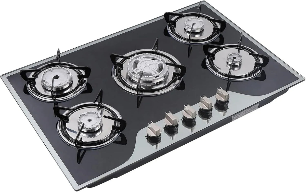 Placa de gas, 5 Quemadores, acero inoxidable, Cocina de Gas de Vidrio, Ignición Automática por Batería y Protección