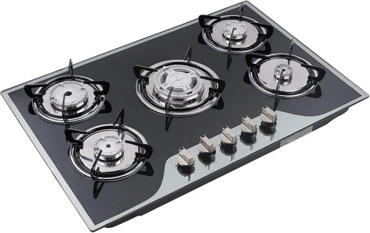 Placa de gas, 5 Quemadores, acero inoxidable, Cocina de Gas de Vidrio, Ignición Automática por Batería y Protección