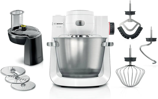 Bosch MUMS6EW13D procesador de alimentos, 5,5 L, 1600 W, 7 velocidades, Serie 6, Robot de cocina, gancho para amasar, escoba de silicona