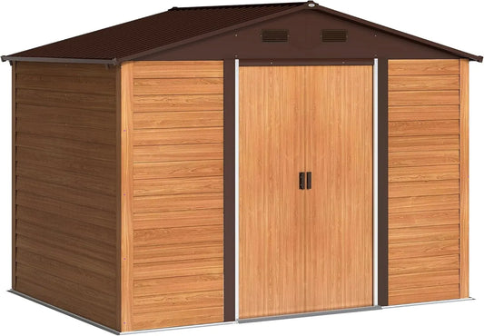 Outsunny cobertizo de jardín, 4.8 m², 278 x 195 x 215 cm, Cobertizo Metálico con 4 Ventanas y 2 Puertas Corredizas, Madera Natural y Café