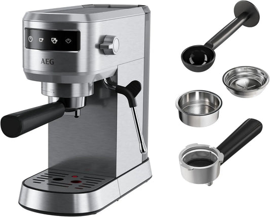 AEG EC6-1-6ST cafetera espresso, 1L, Acero Inoxidable, Compacta, Café Molido y Dosis Única, Pantalla Táctil, Espumador de Leche, Apagado Automático