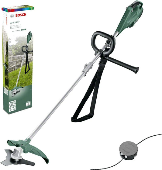 Bosch AFS 23-37 desbrozadora, Cuchilla de 3 Hojas, 3 Hilos de Corte, empuñadura Adicional, caperuza en Caja de cartón, Doble Sistema de Corte