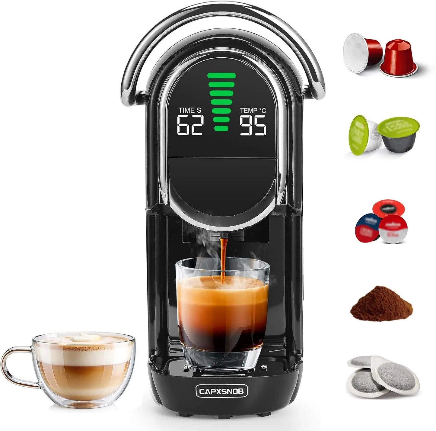 Cafetera espresso ESE 44, 1450W, Cápsulas de Café Magician1 Mini 5 en 1 para Original, Lavazza A Modo Mio, Café Molido, pantalla digital