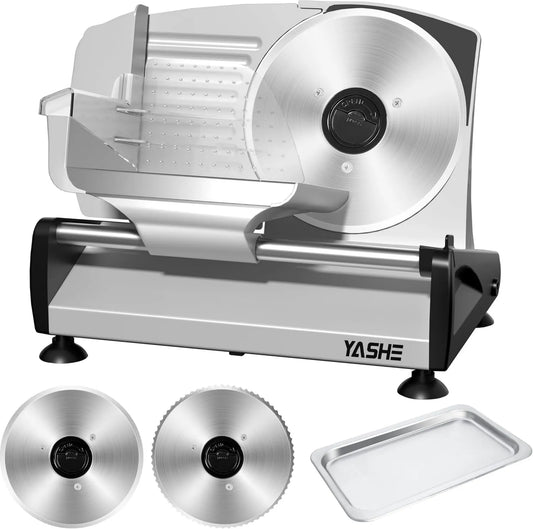 YASHE Cortadora De Fiambre Con Motor DC Silencioso, 200W, 19CM, 15mm, acero inoxidable, funcionamiento silencioso, ajuste regulable, Pan Y Verduras