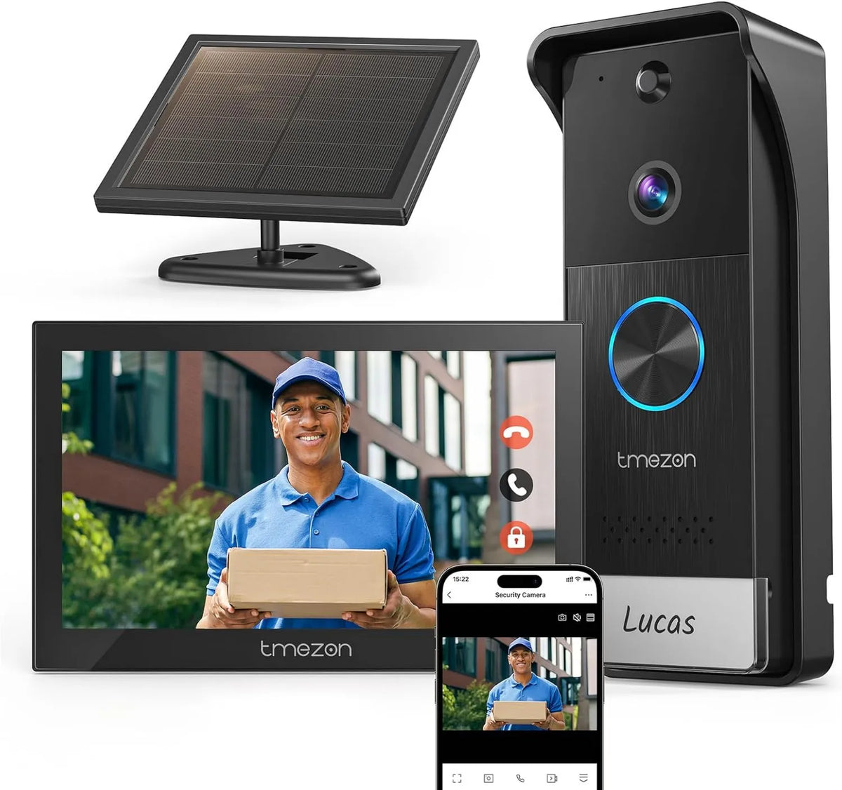 Kit de videoportero 1080P, 5G, WiFi, Sistema de Intercomunicación, 7'' Monitor Táctil a Color, Timbre Video Mirilla con Panel Solar, control