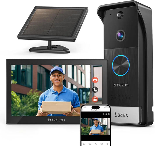 Kit de videoportero 1080P, 5G, WiFi, Sistema de Intercomunicación, 7'' Monitor Táctil a Color, Timbre Video Mirilla con Panel Solar, control