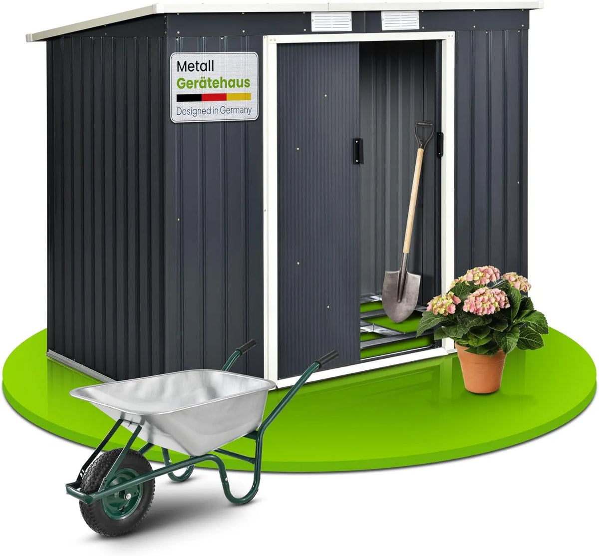 Cobertizo de jardín, 213 x 130 x 173 cm, Cobertizo de Herramientas de Metal Juskys M 4m3 con Techo Inclinado, Puerta Corredera y Fundamento, Acero