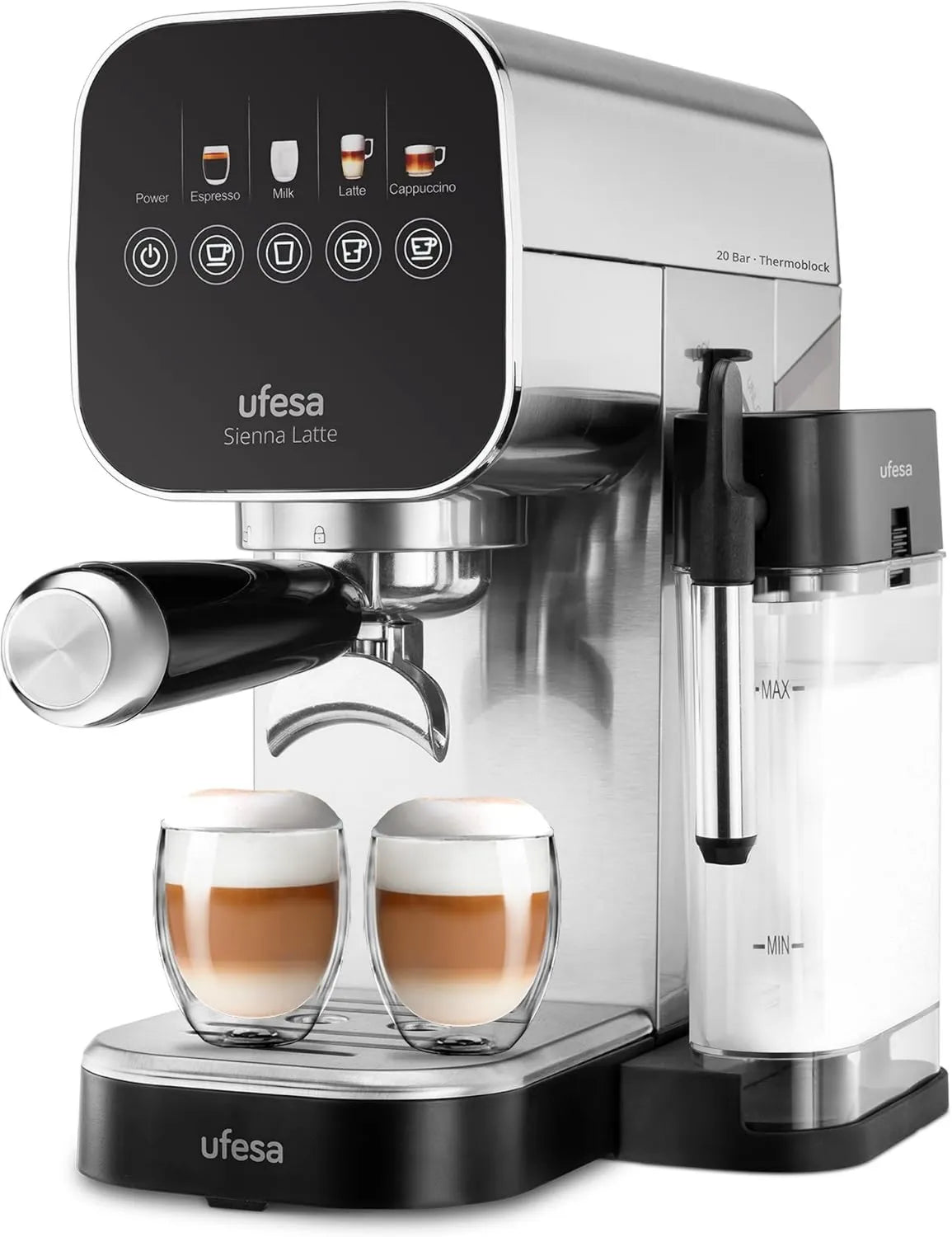 Cafetera espresso, función de vapor, 1360W, 400ml, 0.9L, Ufesa Sienna Latte 20 Bares con Panel Táctil, Sistema Thermoblock, Depósito de Leche