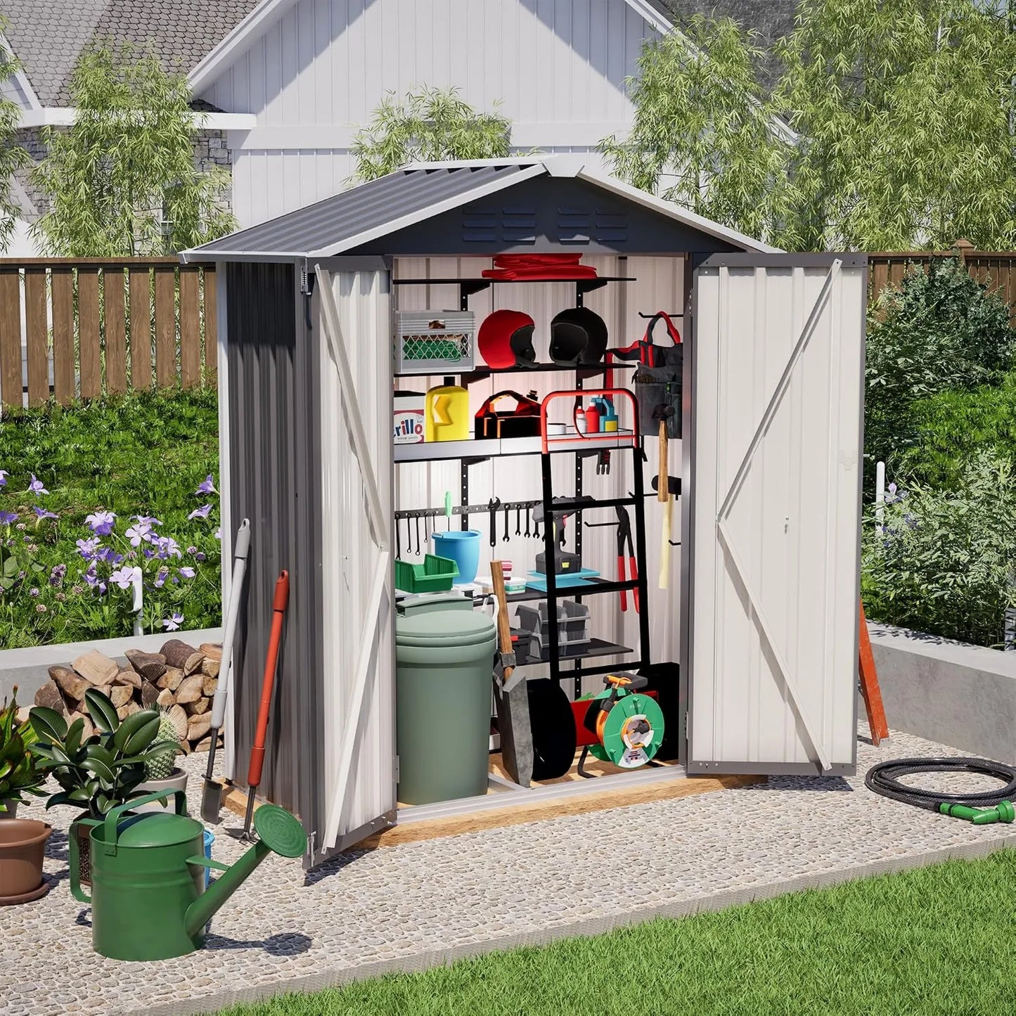 Armario de almacenamiento, 154 x 83 x 180 cm, Armario de Jardín de Metal, con Orificios de Ventilación, Incluye Base Metálica, Puerta con Cerradura