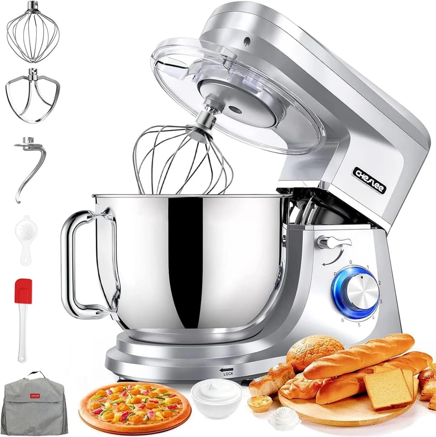 Amasadora de cocina, 2000W, 7.2 L, 6 Velocidades, acero inoxidable