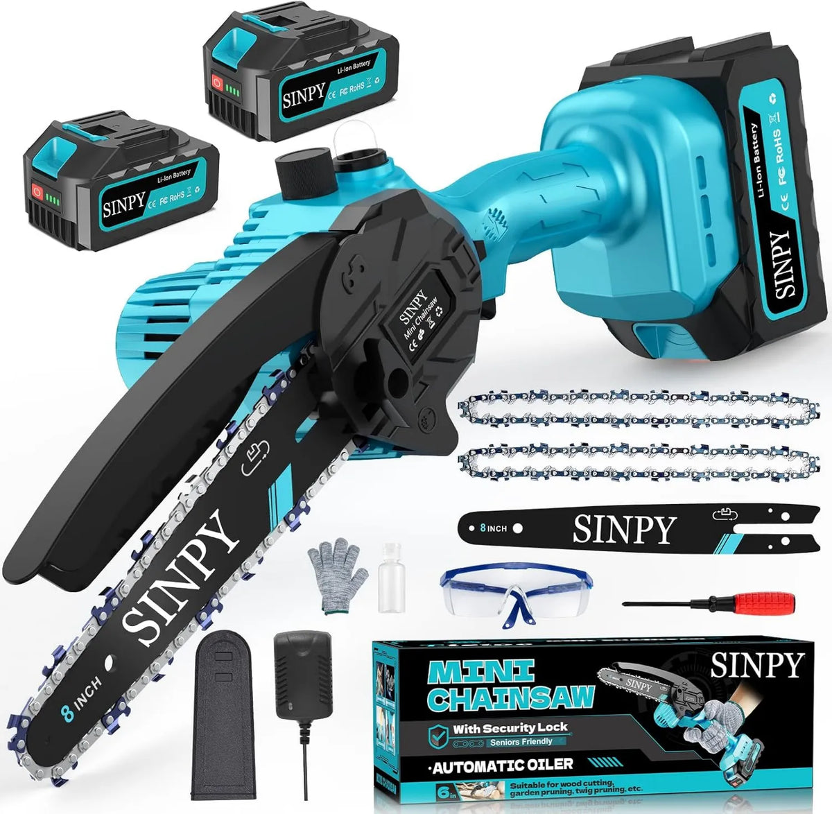 Motosierra, 4000 mAh, 8 pulgadas, eléctrica con 2 baterías, pequeña alimentada por pilas para jardín, árbol de corte