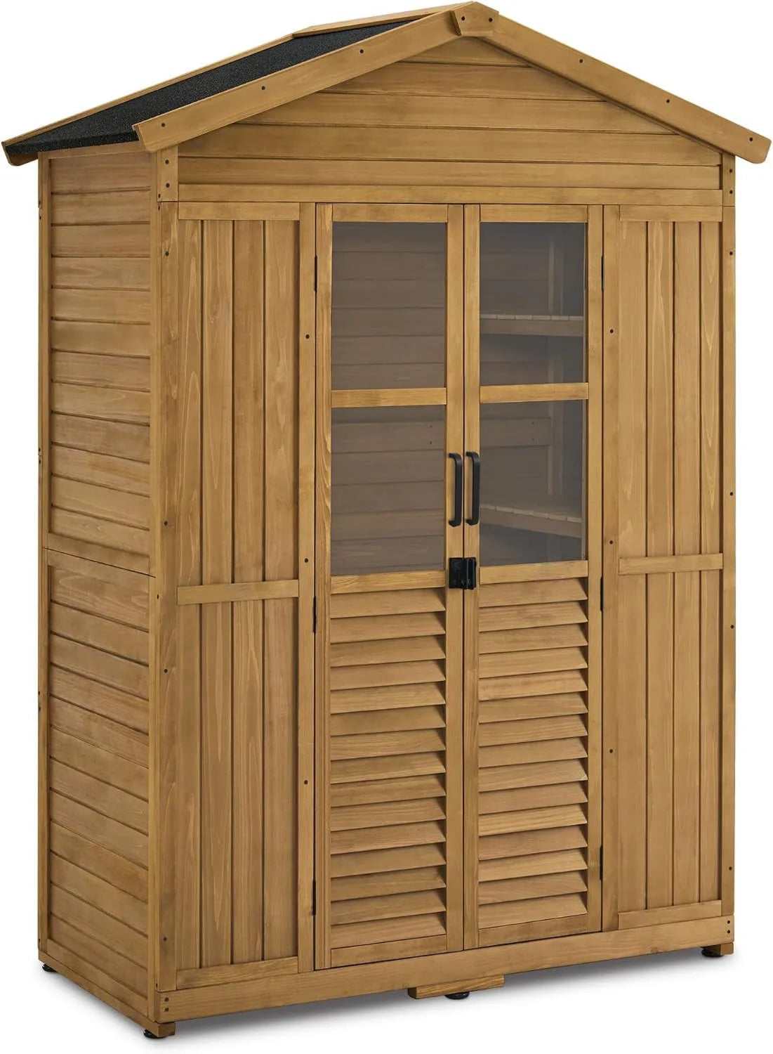 Armario de almacenamiento, 74x143x200cm, M MCombo Armario de Jardín de Madera Resistente a la Intemperie, estructura impermeable