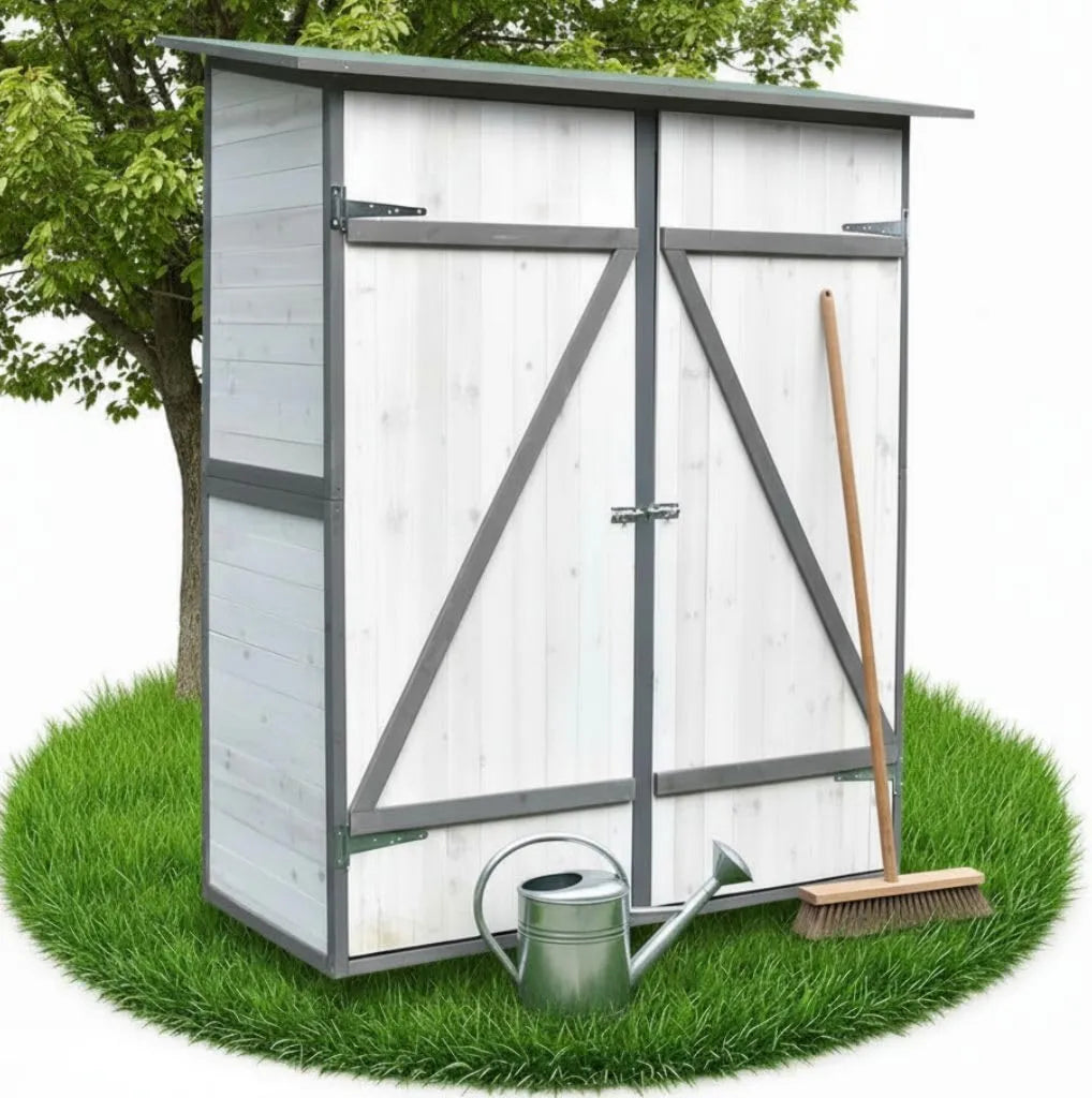 Armario de almacenamiento, 162 x 140 x 75 cm, Jardín con Techo y Doble Puerta /Gris Cobertizo de Madera