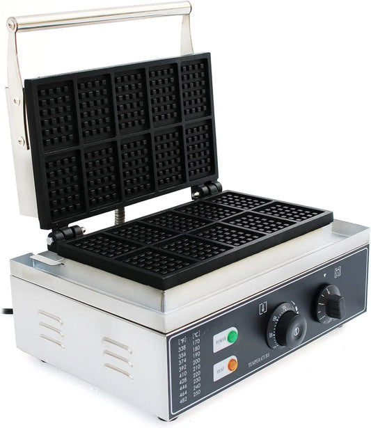 Gofrera eléctrica, 1500W, 38.5 x 27.5 x 21.5 cm, Acero Inoxidable Máquina de Gofres Comercial, Sartenes Antiadherentes de Teflón