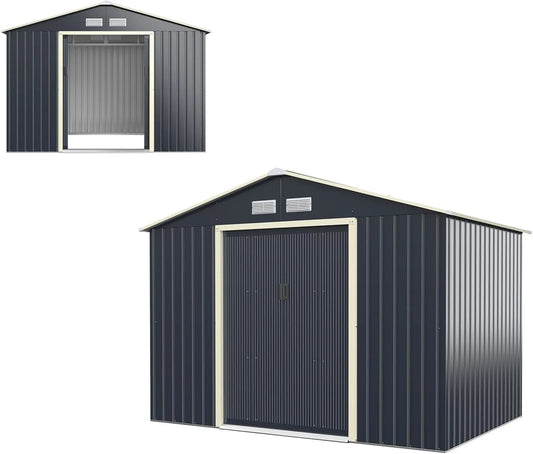 Cobertizo de jardín, 277 x 191 x 202 cm, Cobertizo de Herramientas de Metal HOMASIS, con 4 Ventanas de Ventilación y 2 Puertas