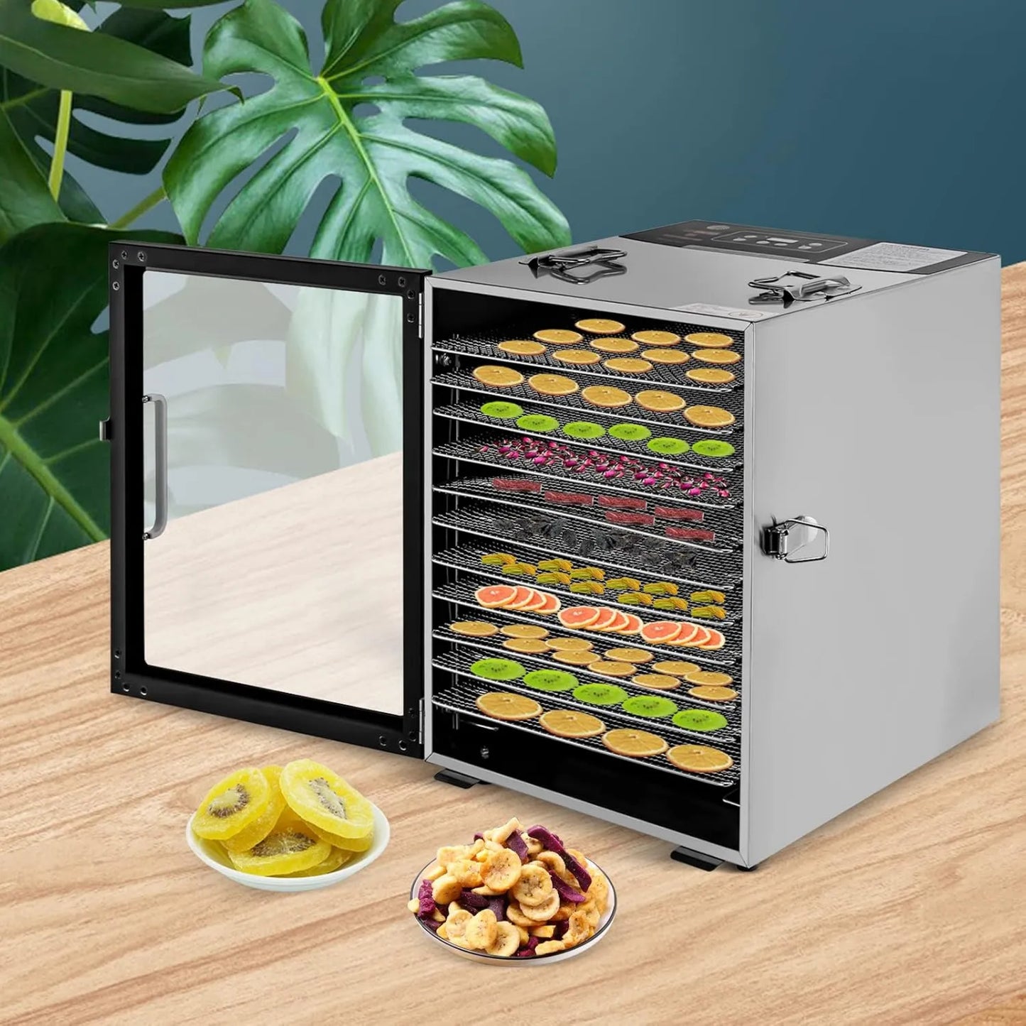 Deshidratador de alimentos, 12 Bandejas, Acero Inoxidable, Ajuste de Temperatura 30 a 80°C, Temporizador de 24 Horas, Secadora de Frutas y Verduras