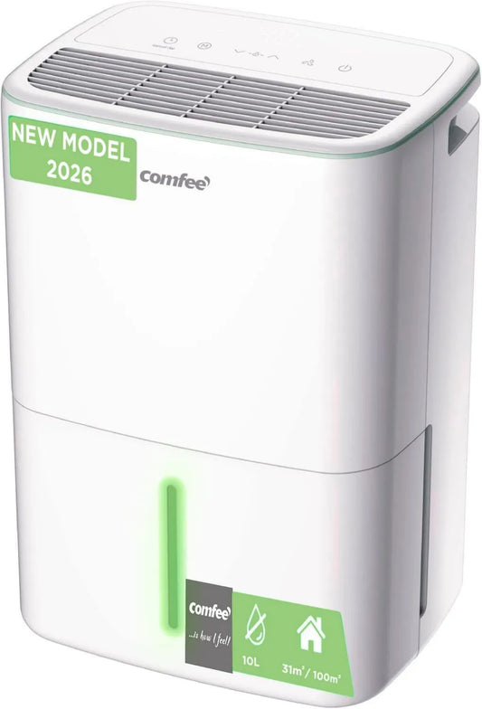 Deshumidificador, 10L, 31m2, Secado de Ropa y Modo Automático, Compacto y de Bajo Consumo con Doble Drenaje, funcionamiento eficiente