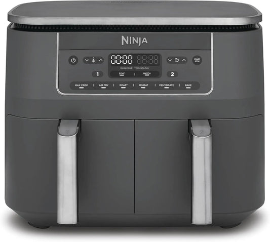 Ninja DZ300EU freidora de aire, 7.6L, revestimiento antiadherente, Doble Compartimento, Freír con Aire, Cestas Antiadherentes, Gris Metálico