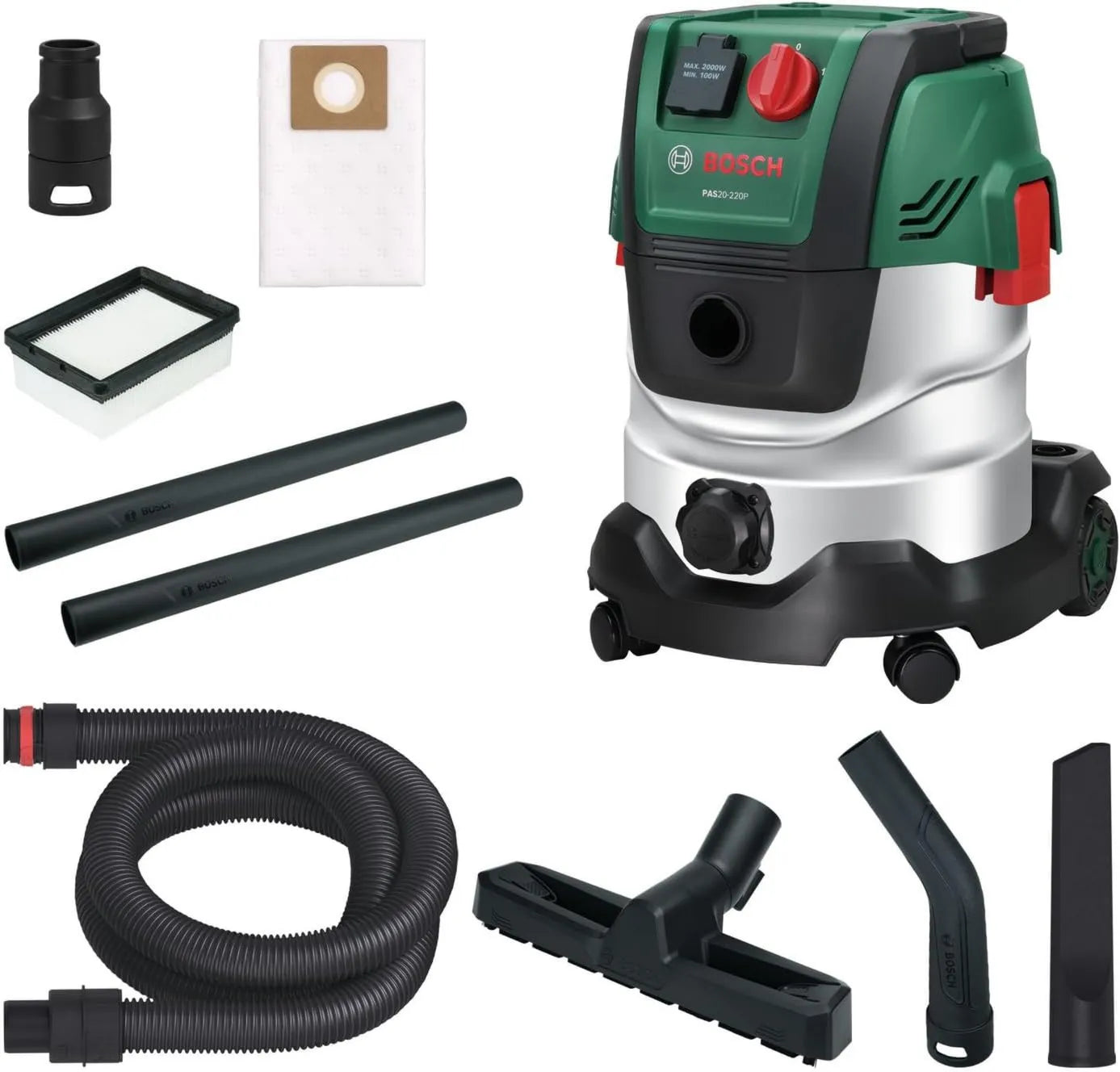 Bosch PAS20-220P aspiradora, 2,2 m, alimentación por cable, Aspirador con Cable, Tubos de extensión, Manguera de aspiración, Tubo Flexible/acodado