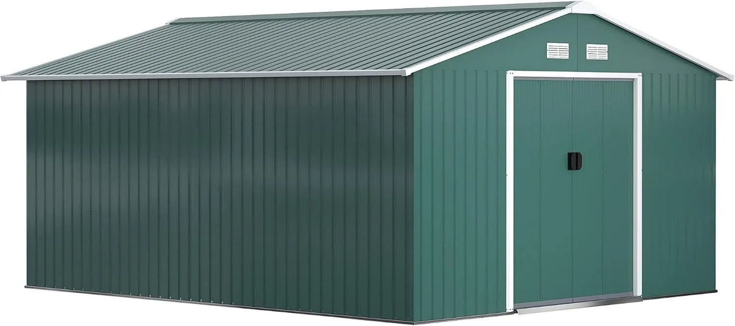 Outsunny cobertizo de jardín, 12.4 m², 340 x 386 x 200 cm, Suelo No Incluido, 4 Ventanas Verde
