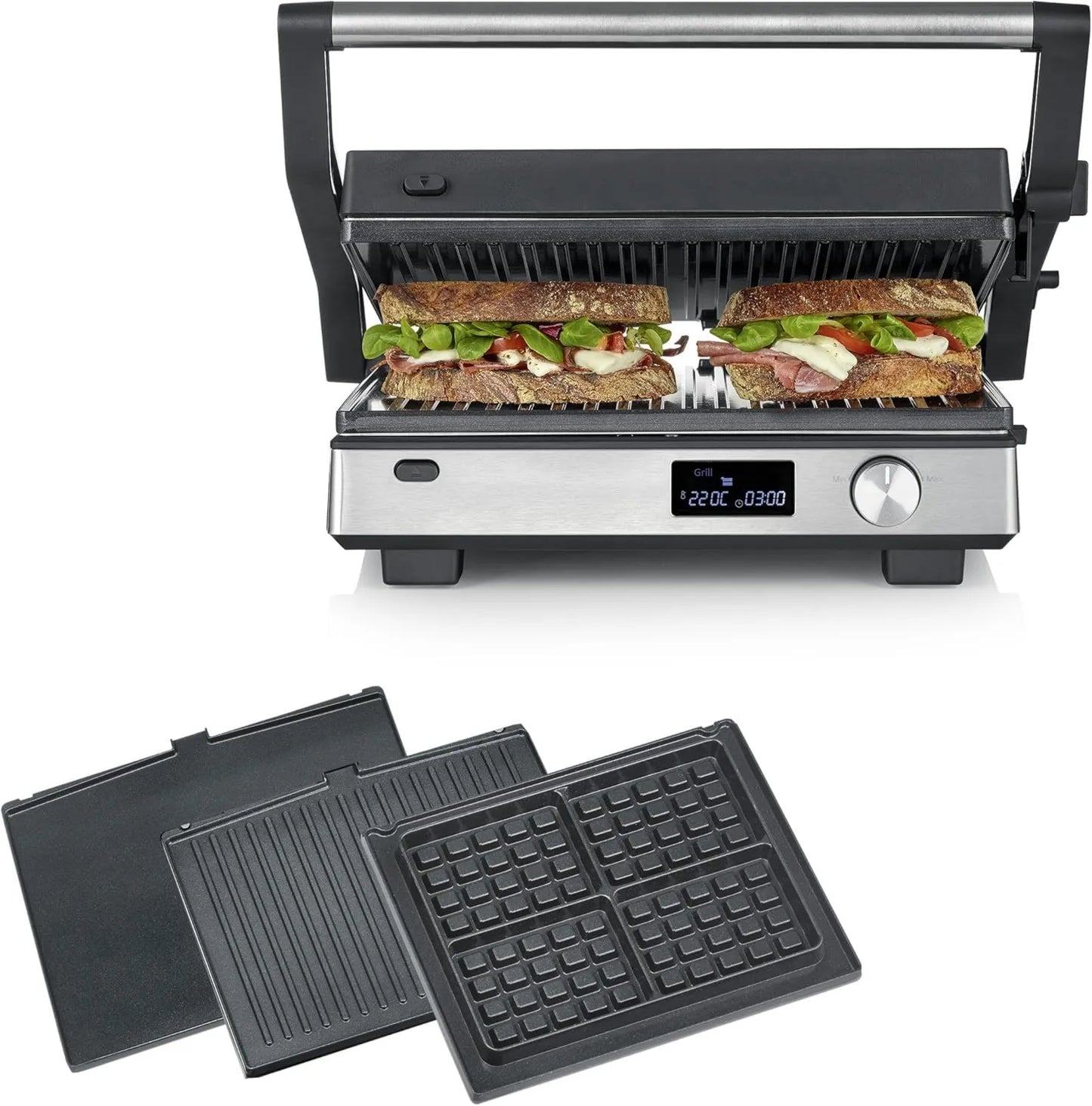 Severin KG 2380 lavavajillas, acero inoxidable, función grill, 2000W, S-Joy Sevini FLEX grill de contacto, parrilla multi-contacto 3 en 1, negro