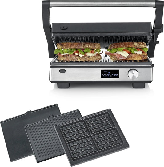 Severin KG 2380 lavavajillas, acero inoxidable, función grill, 2000W, S-Joy Sevini FLEX grill de contacto, parrilla multi-contacto 3 en 1, negro